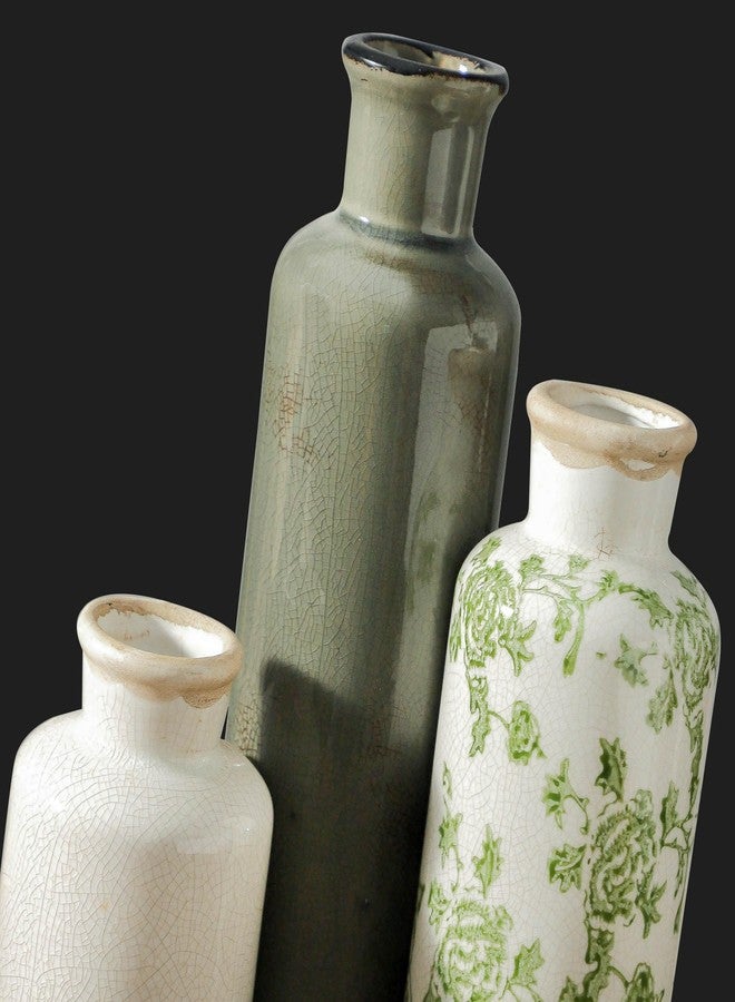 ooit Vintage Vase Set of 3, Ceramic Vintage Flower Vases, Chinoiserie Decorative Home Decor Retro Floral Vase Rustic Farmhouse Decor for Table Bookshelf Mantel Kitchen Living Room Office - Green and Beige - Image 5